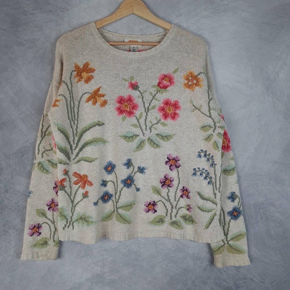 Vintage Talbots Sweater Womens Medium Natural Floral Embroidered Linen Cotton